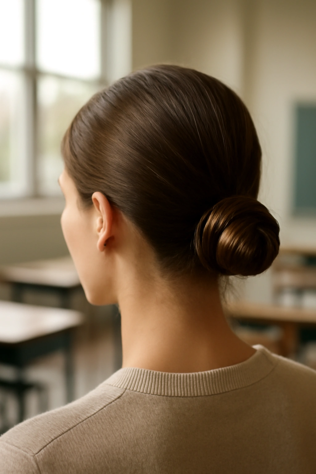 10 Quick School Morning Hairstyles for Busy Girls 2 Low, sleek bun secured at the nape of the neck on a young girl