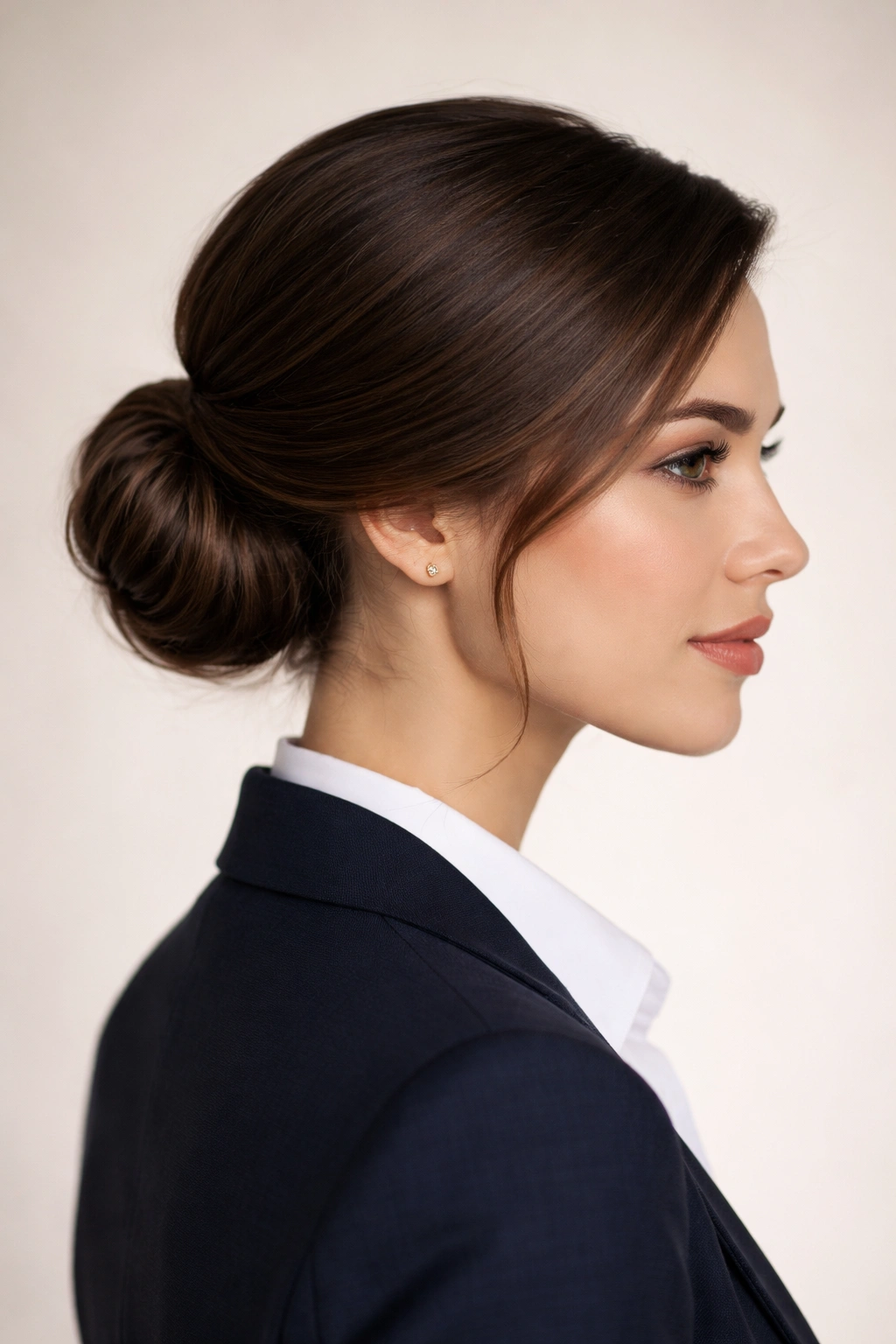 Low bun with deep side part in a polished profile
