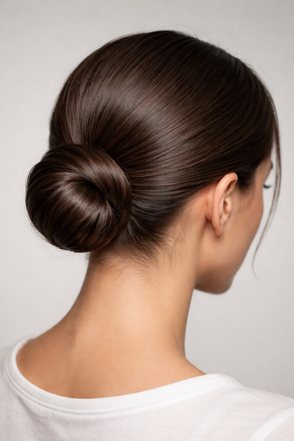 Close-up of a sleek low bun at the nape with glossy smooth hair.
