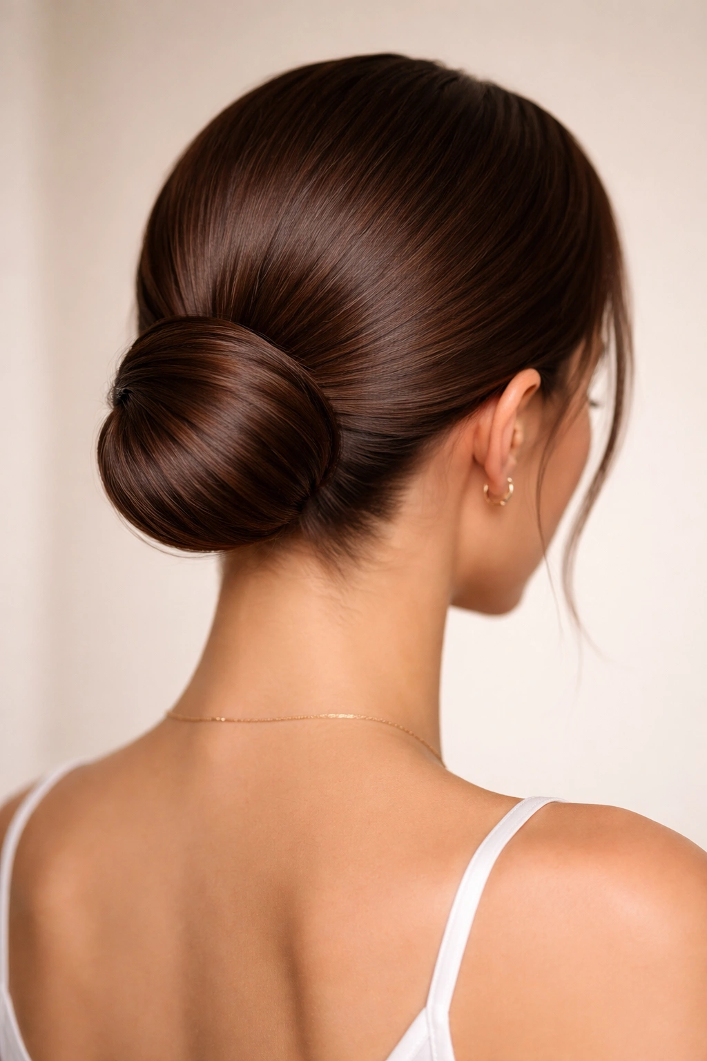 Low bun at the nape of the neck with sleek, polished finish