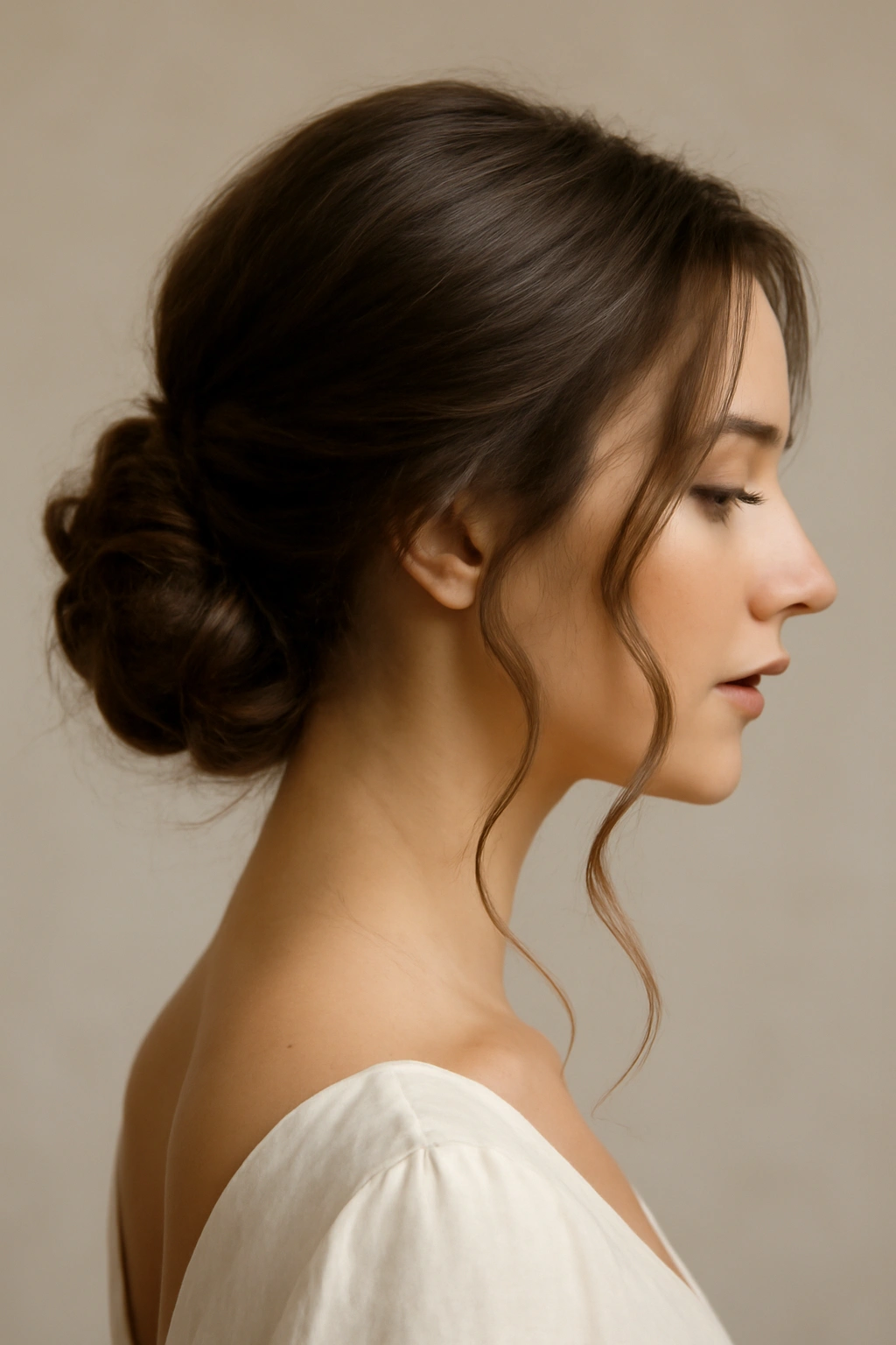 10 Elegant Updos for Weddings and Formal Events 2 Low bun with soft tendrils framing the face in a romantic formal hairstyle