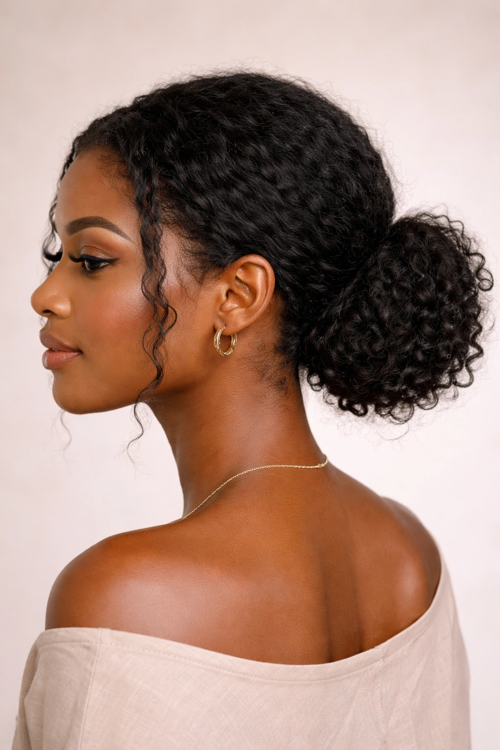 Low bun showing natural texture and coils at the nape
