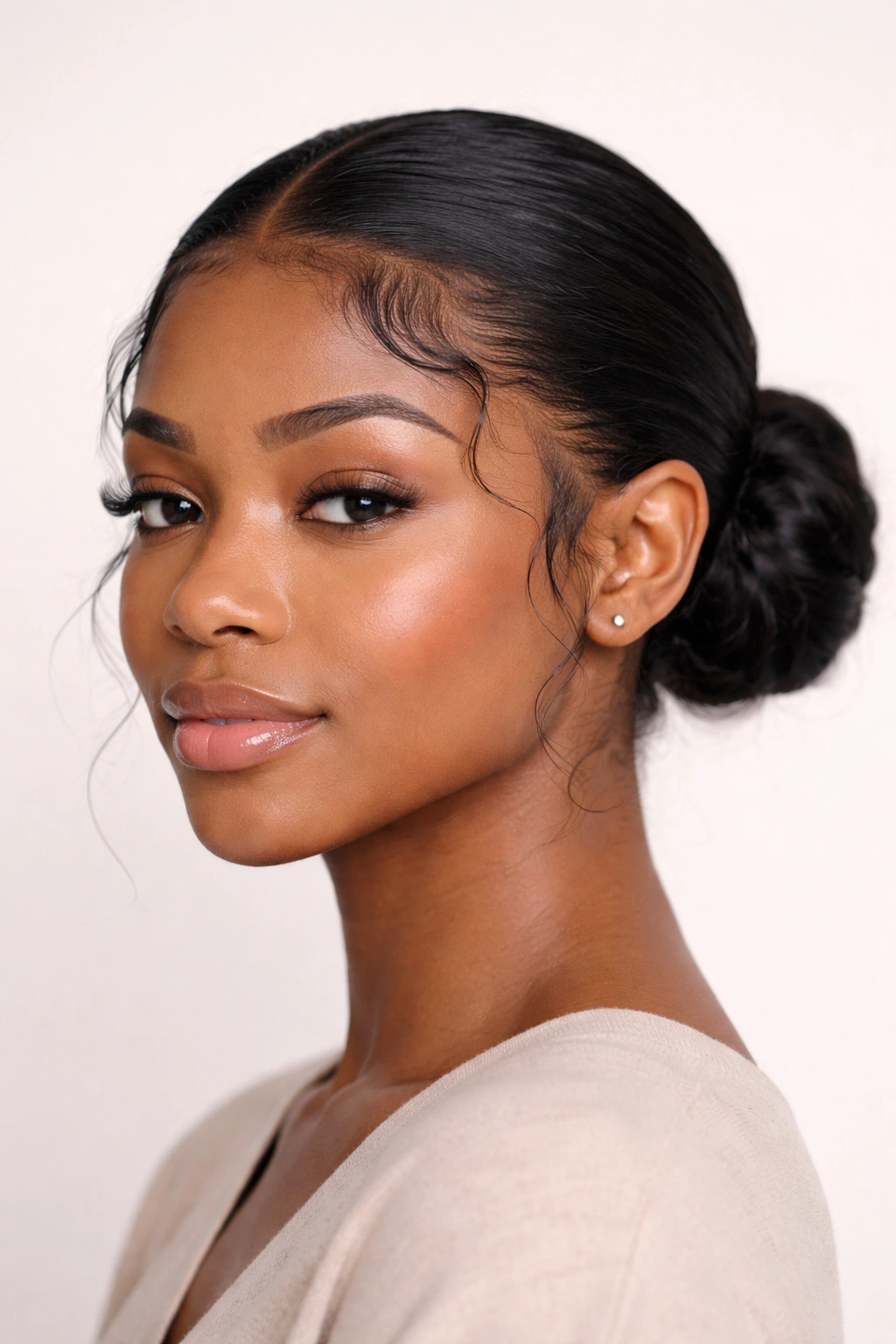 Low bun hairstyle with textured edges framing the face