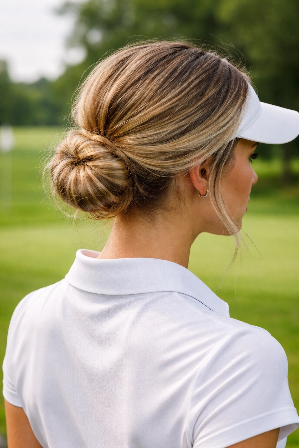 Close-up of a textured low bun at the nape of the neck on a golfer on a sunny golf course