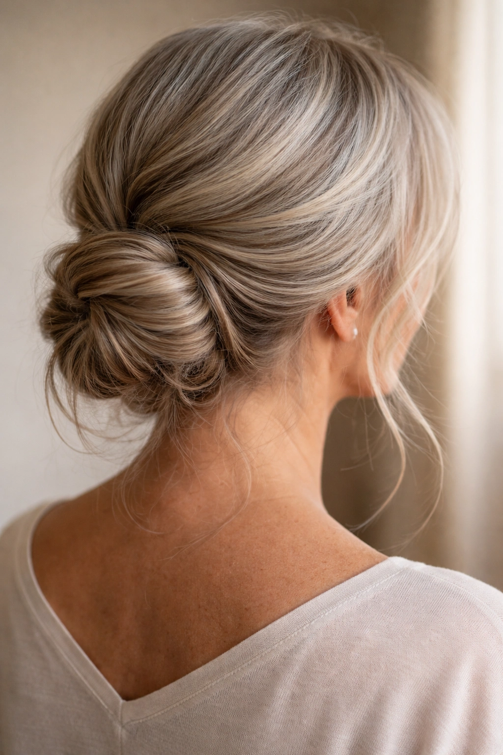 Low textured bun with wispy face-framing pieces.