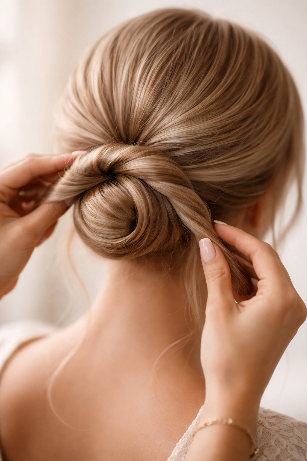 Close-up of a low bun formed by two twisted sections around a teased ponytail