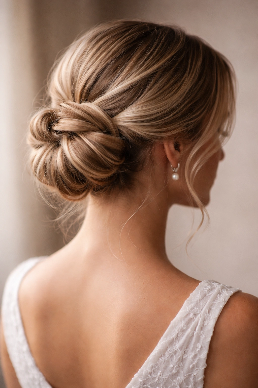 Close-up of textured low bun with twisted detail at the nape