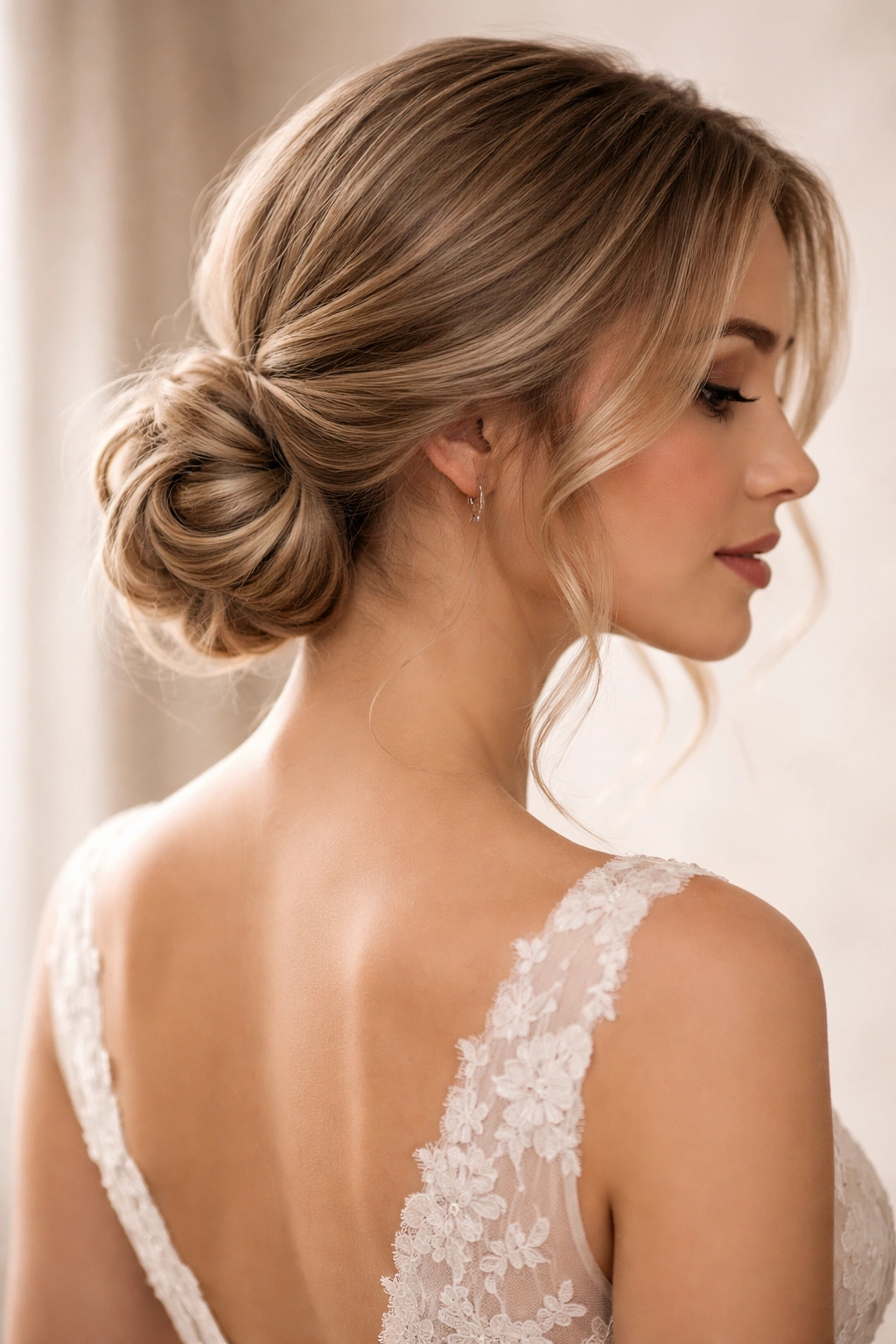 Close-up of an elegant low bun with soft face-framing waves for a bridal hairstyle