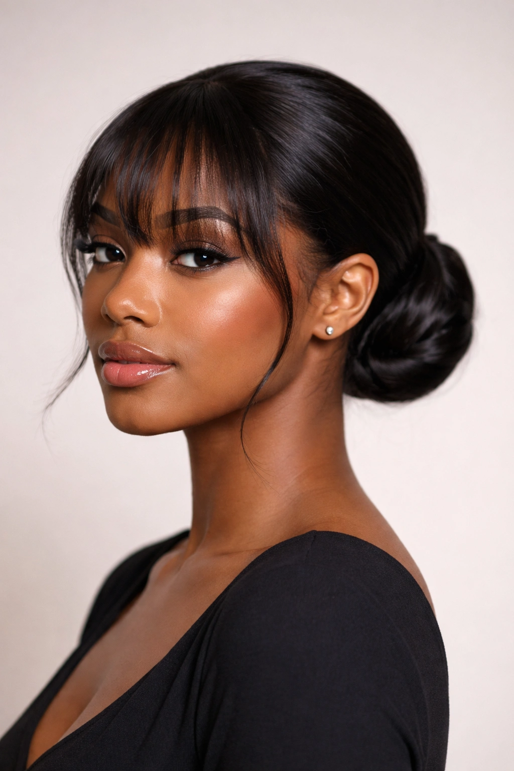 Close-up of The Sleek Low Bun with Wispy Bangs hairstyle on a neutral backdrop; polished, professional weave
