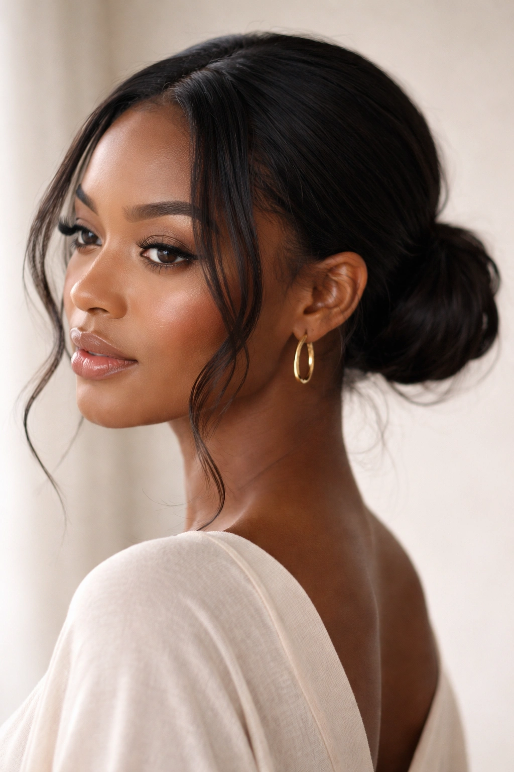 20 Gorgeous Pushback Hairstyles Every Black Woman Should Try 5 Close-up of a low bun with wispy face-framing pieces