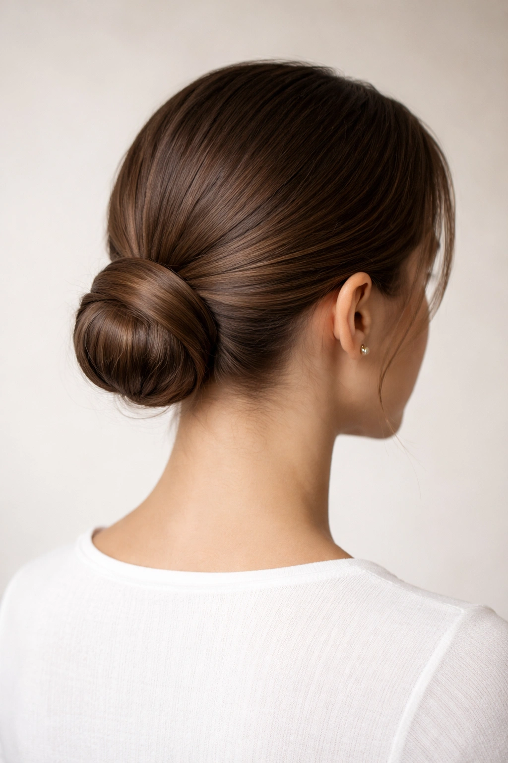 Close-up of a low bun at the nape with a hair wrap concealment