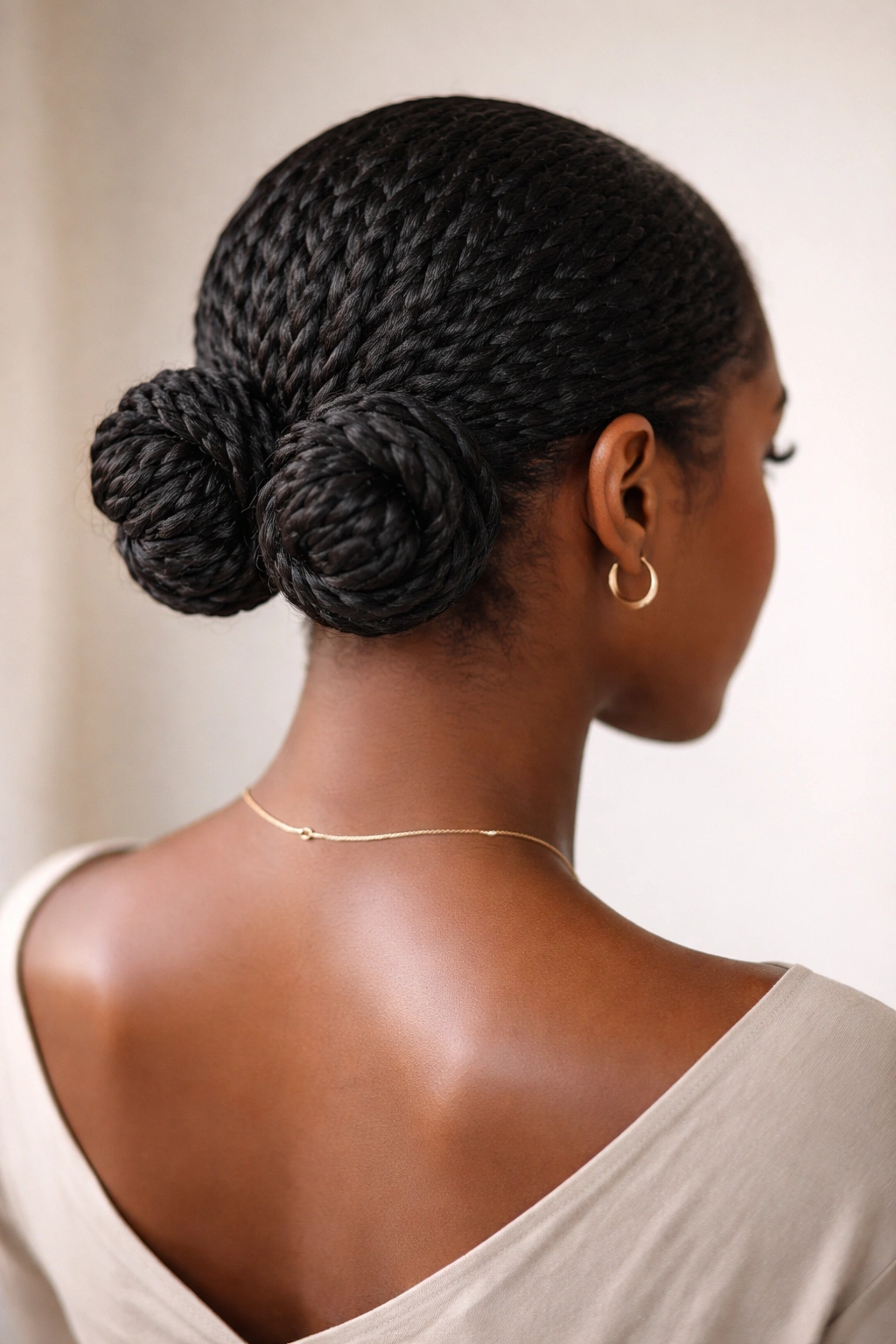 Close-up of two symmetrical low buns formed by two-strand twists at the nape of dark hair