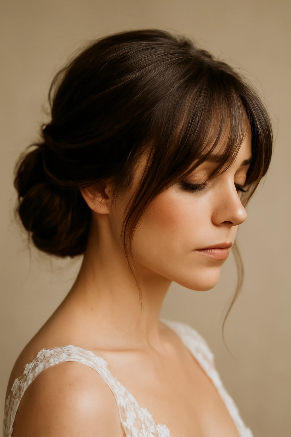 10 Wedding Hairstyles That Look Gorgeous With Bangs 7 Close-up of a bridal textured low chignon with longer bangs