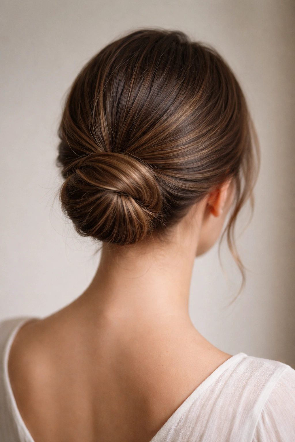 15 Polished Hairstyles That Look Put Together 2 Back view of a soft, twisted low bun at the nape.