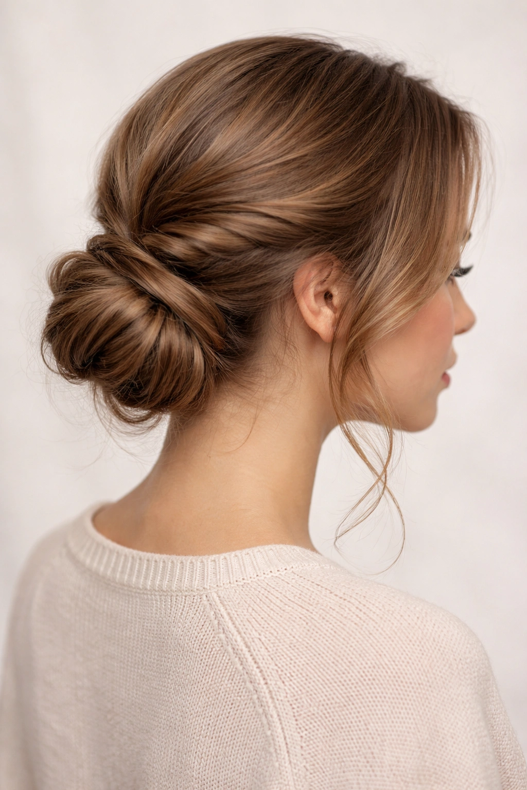 Twisted low chignon at the nape with soft face-framing pieces.