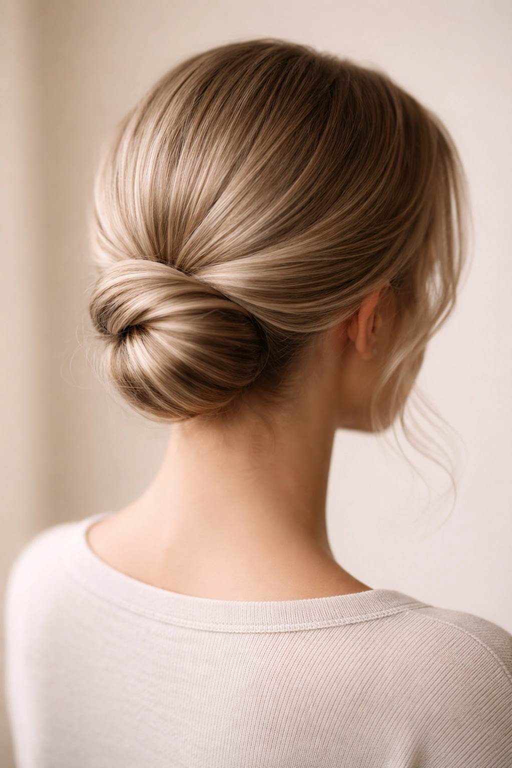 Low, twisted chignon tucked into a neat low bun