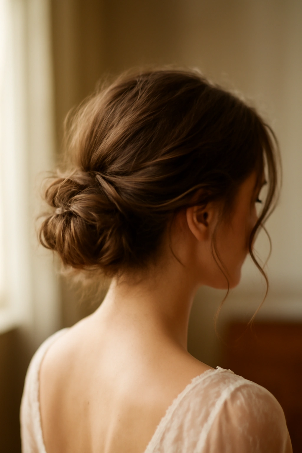 10 Short Bridal Hairstyles That Photograph Beautifully 8 Bride with an undone low chignon at the nape and soft face-framing pieces.
