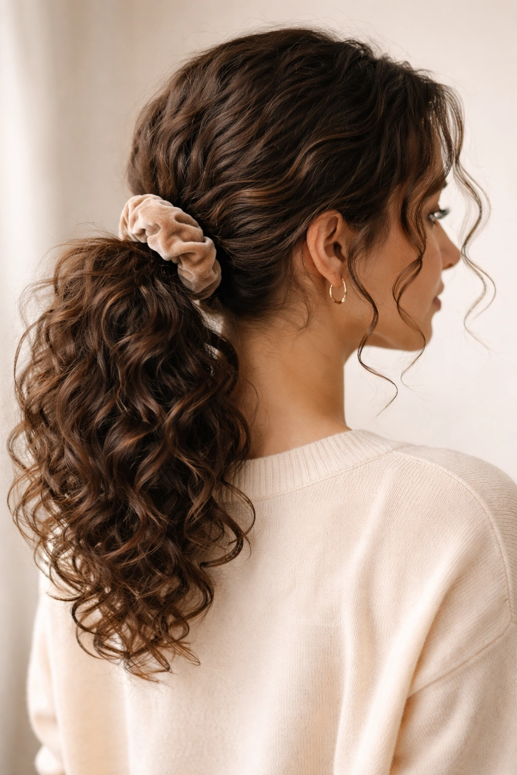 Low curly ponytail with satin scrunchie and face-framing curls