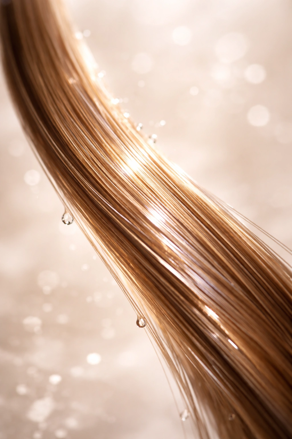 Hair strand with pristine cuticle reflecting light indicating low-damage demi-permanent dye