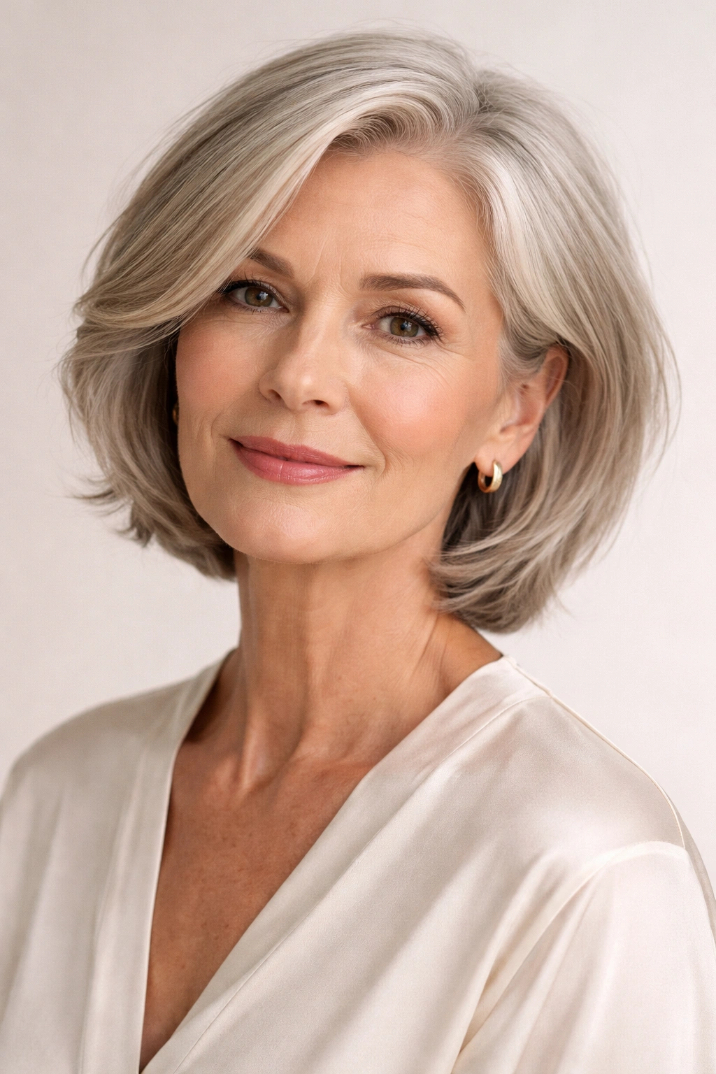Close-up portrait of an older woman with a polished low-effort hairstyle in a clean studio
