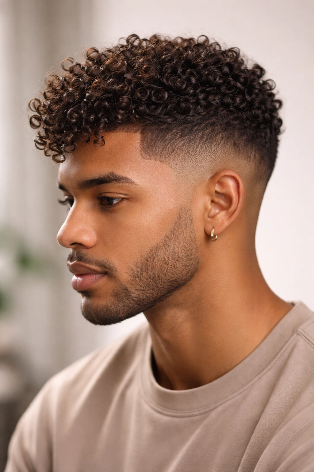Low fade with textured top on 3A curls showing volume.