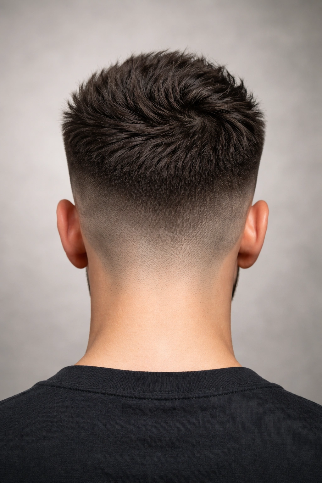 Back view of low fade crop showing long crown and nape fade.