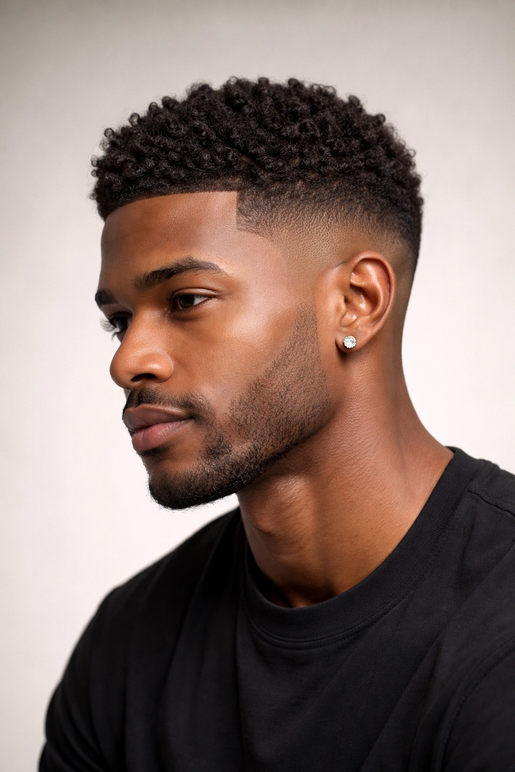 Close-up portrait of a Black man with a low fade and natural curls, polished look.