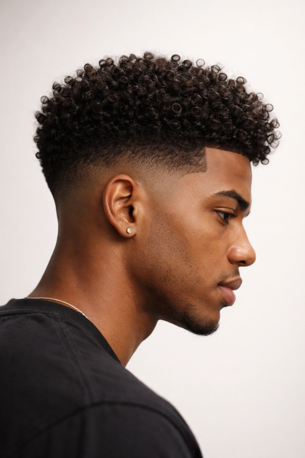 Side-profile of a low fade with curly top on tight curls.