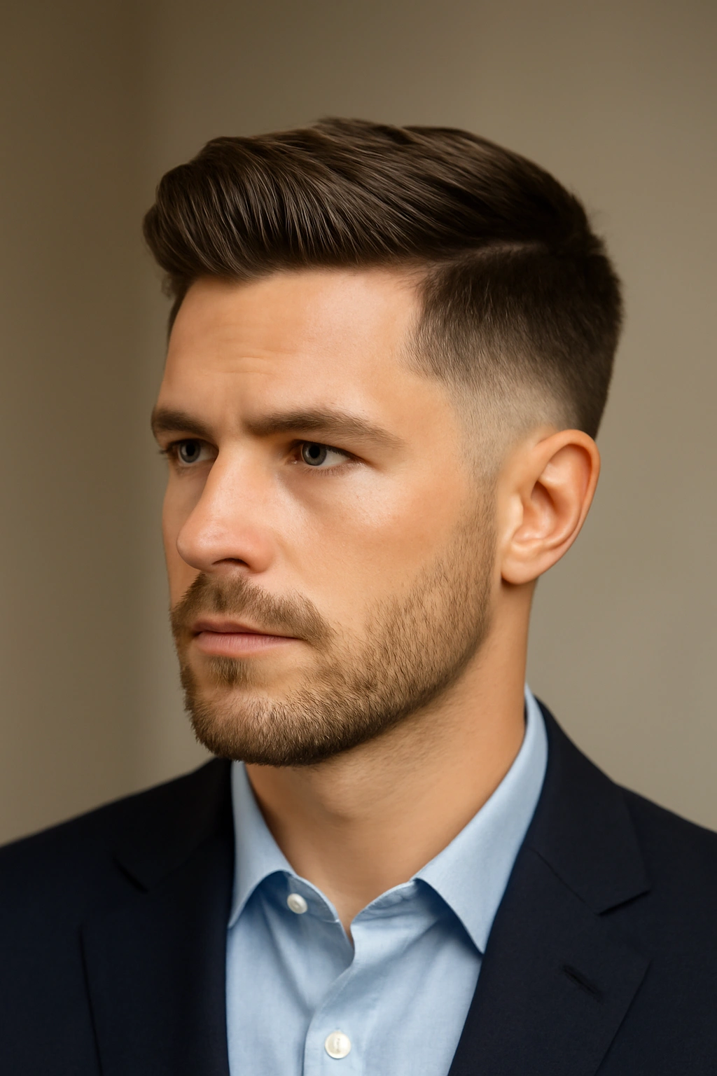 20 Men's Haircuts Matched to Face Shape and Hair Type 18 Close-up portrait of a man with a low fade and longer top for a versatile look
