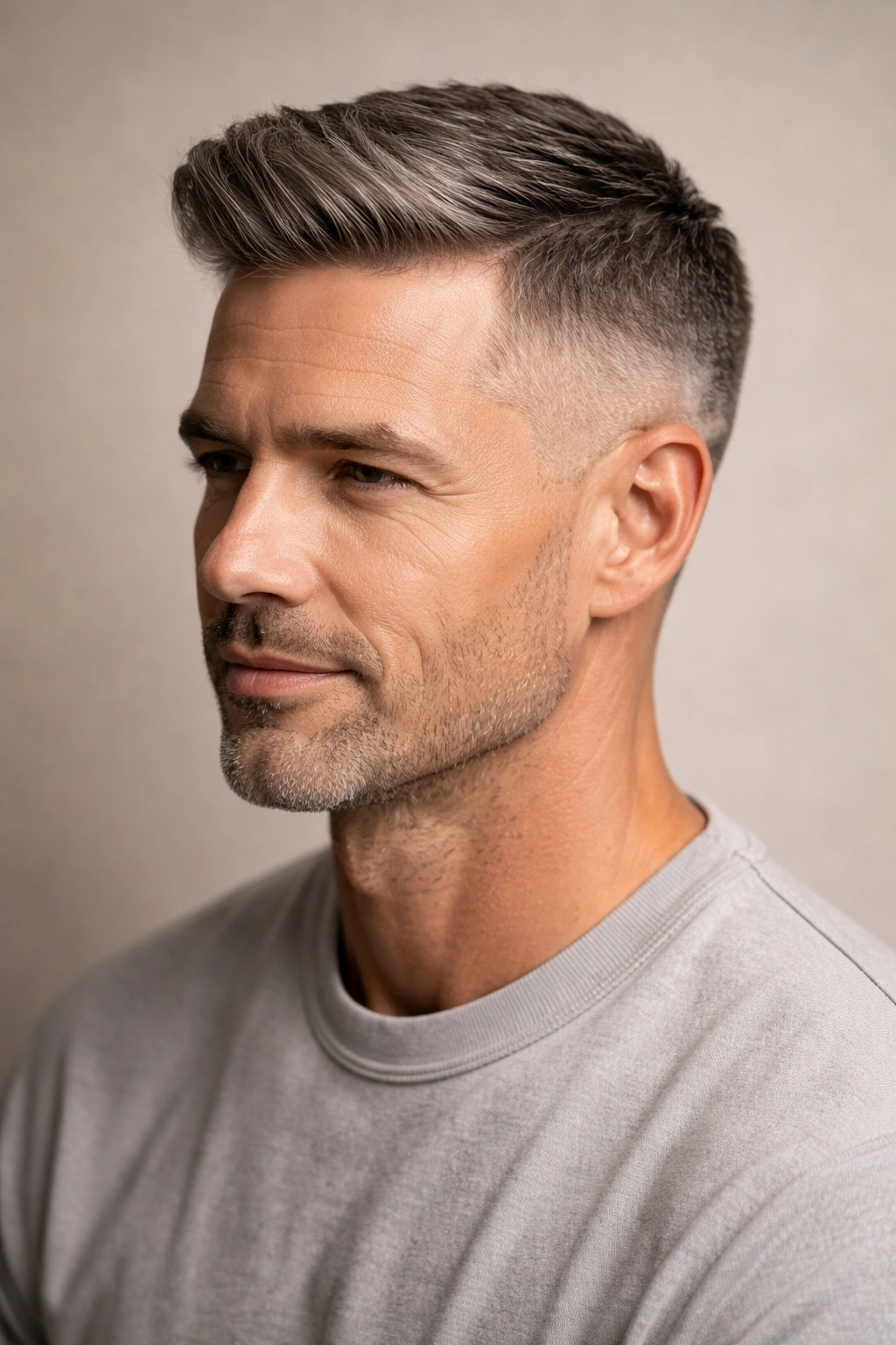 Portrait of a man with a low fade and length on top