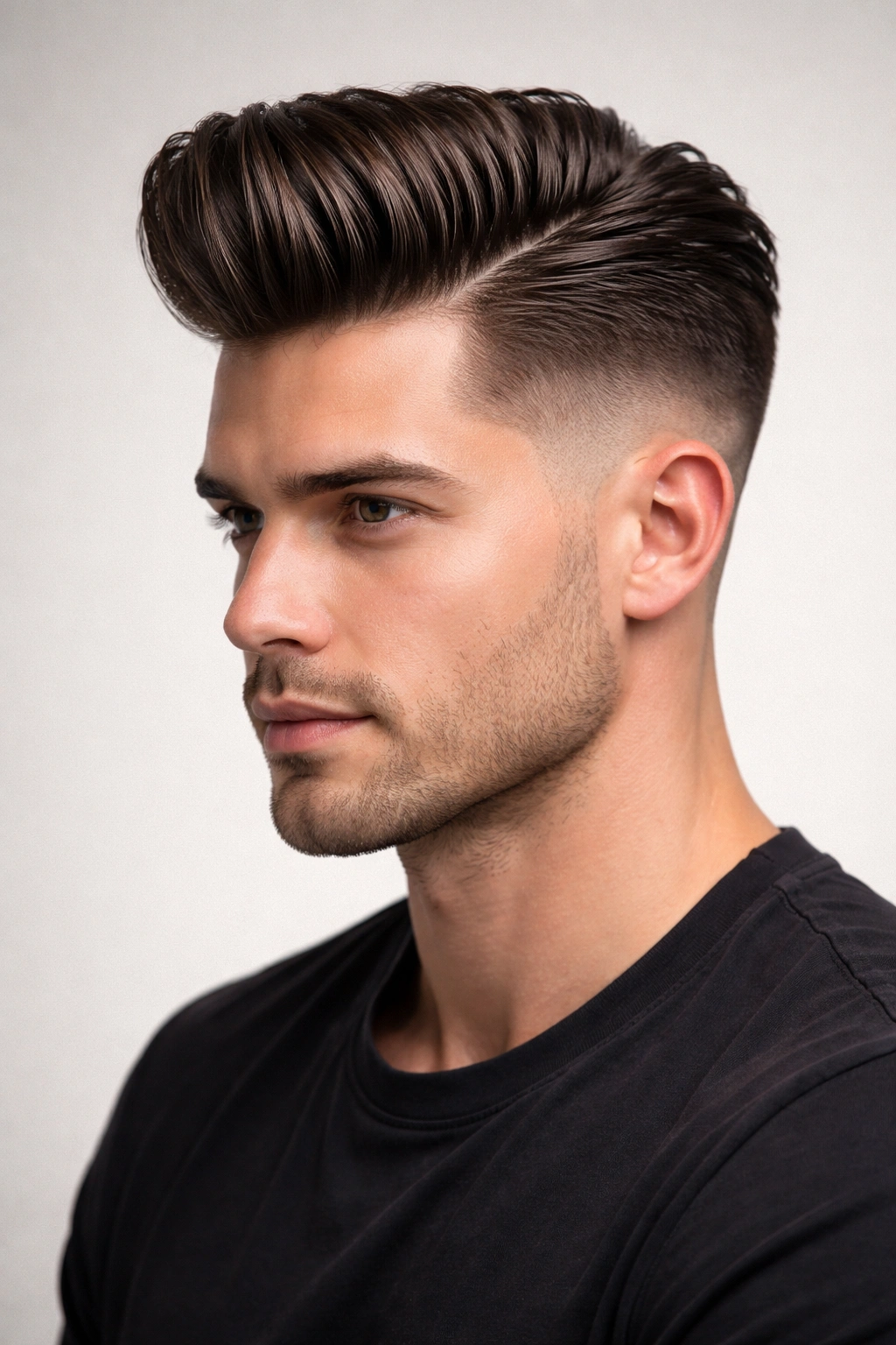 Portrait of pompadour with low fade showing subtle side fade