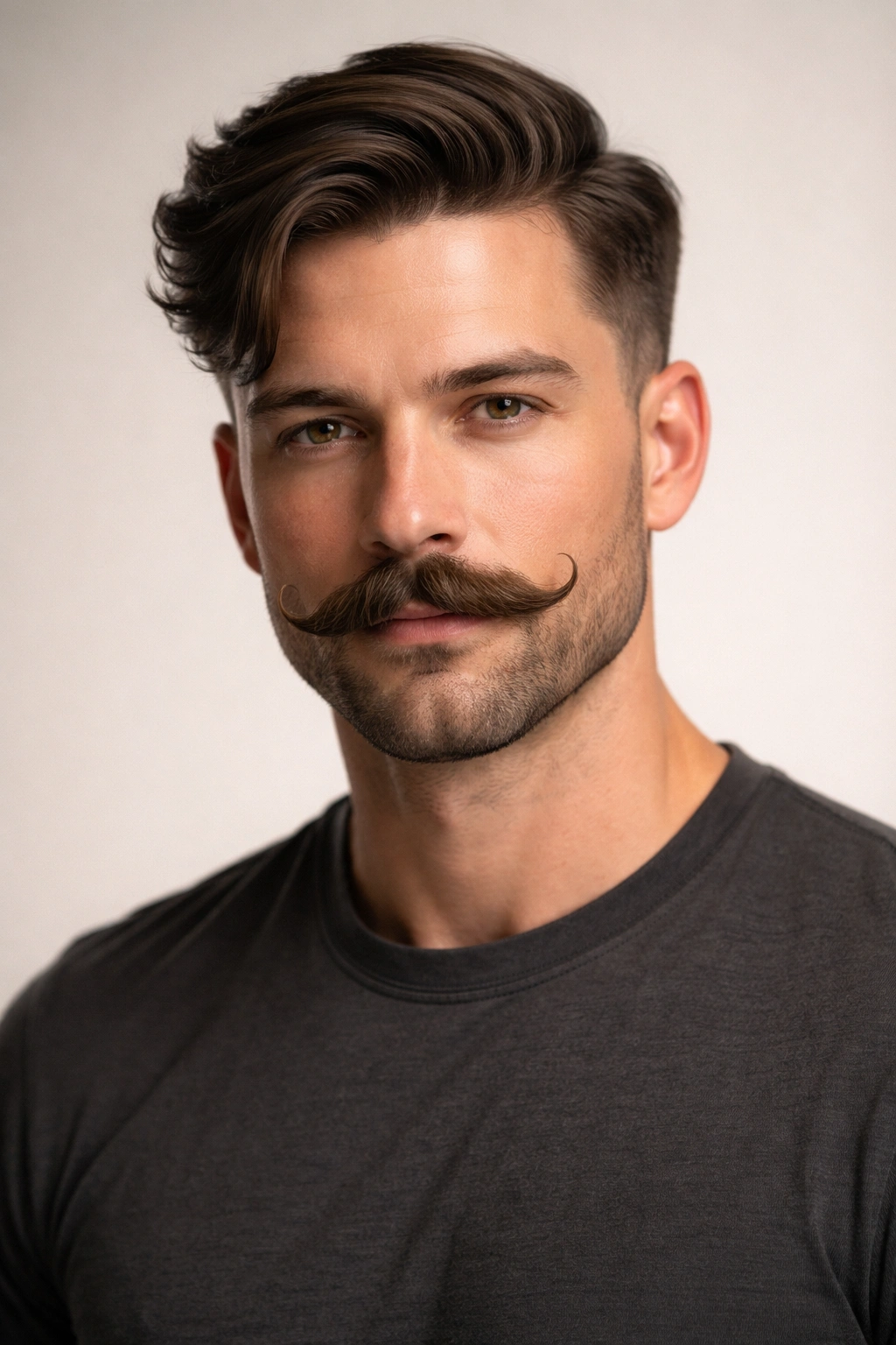 Portrait of a person with a low fade, side swept hair, and a curled handlebar mustache.