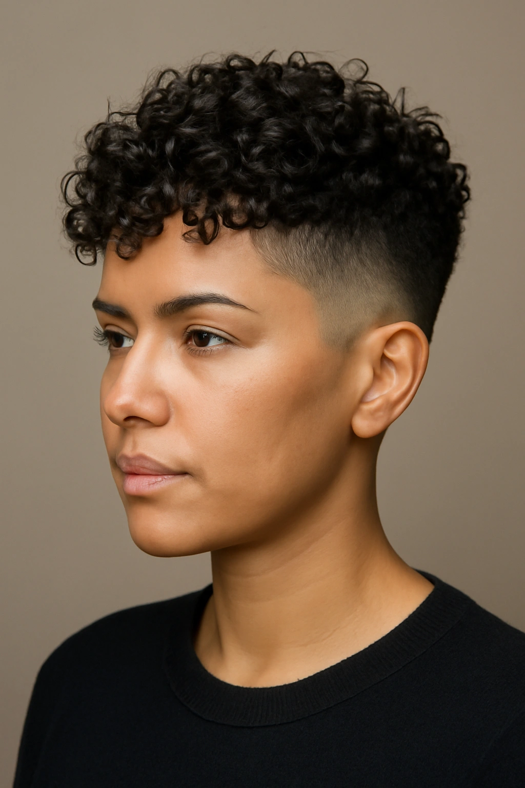 Head-and-shoulders portrait with low fade and spiral curls on top