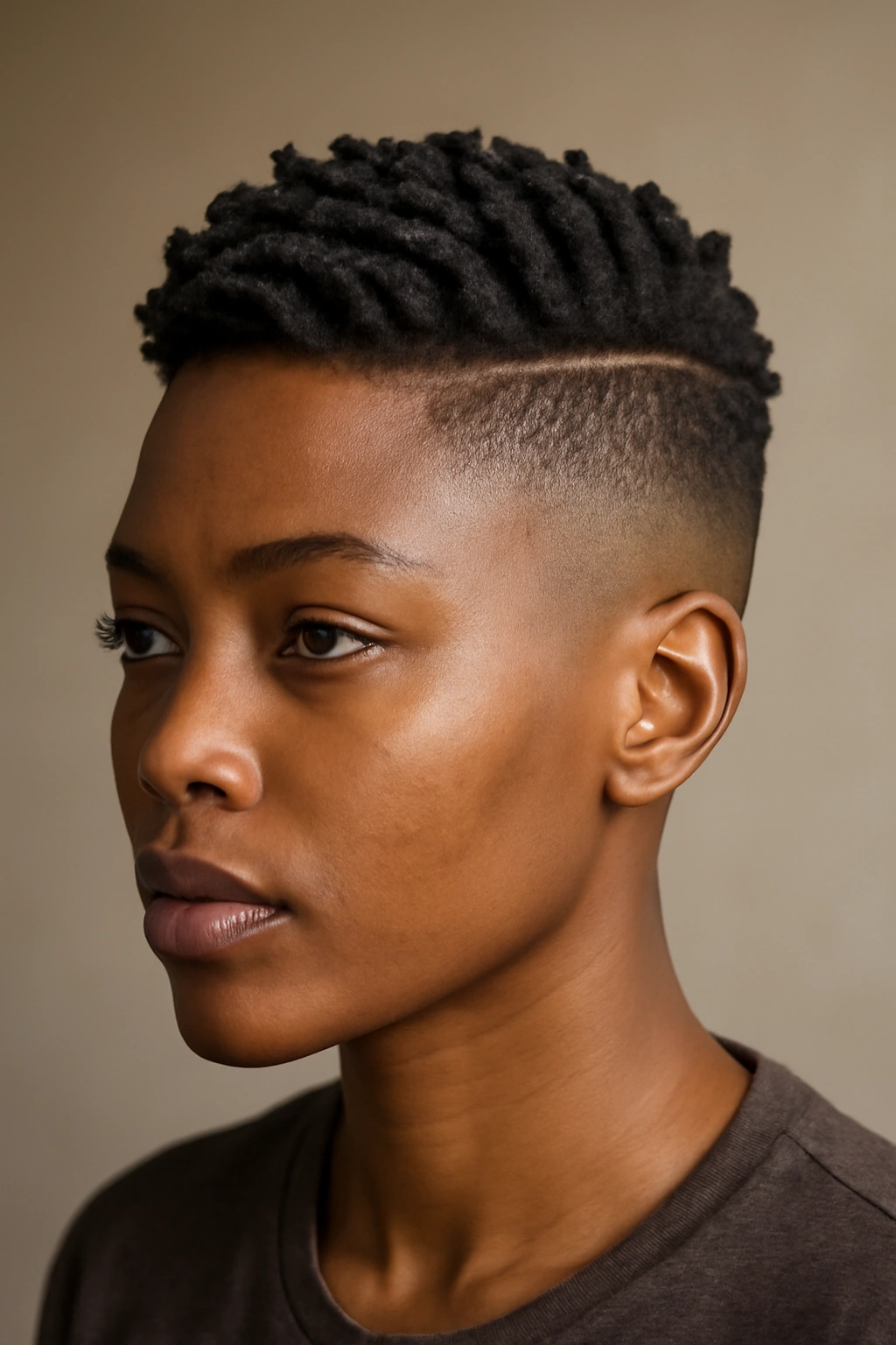 30 Short Haircuts for Black Women 5 Portrait of a Black woman with a low-fade high-top and twists on top