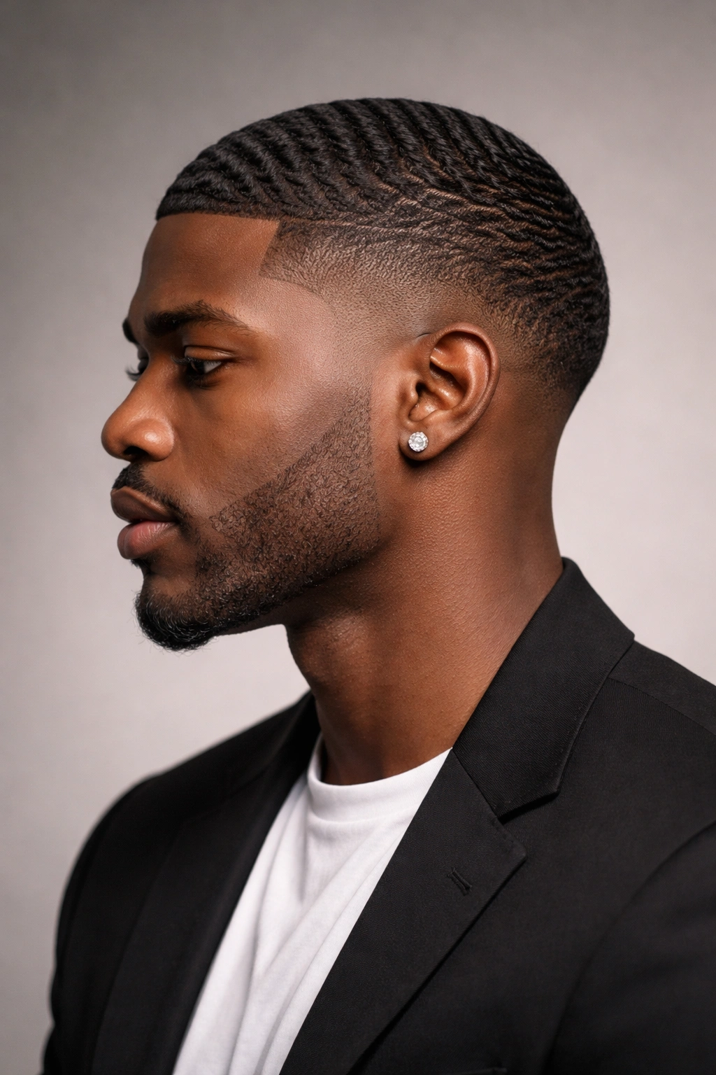 Side-profile of man with low fade and defined waves