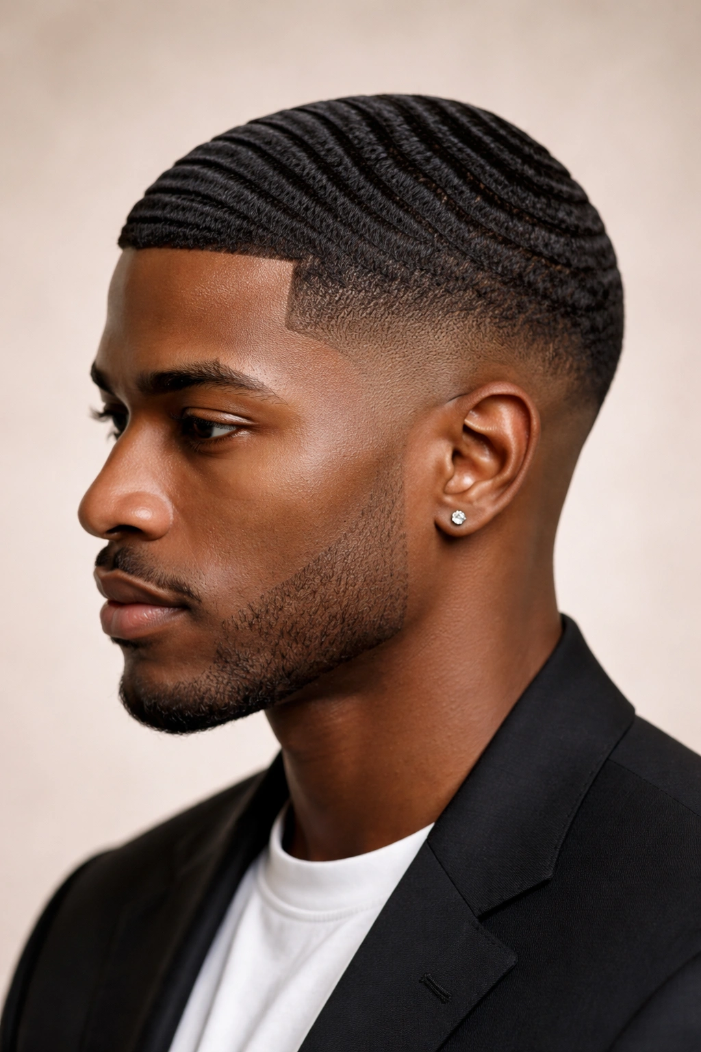 Close-up of a Black man with a low fade and defined waves