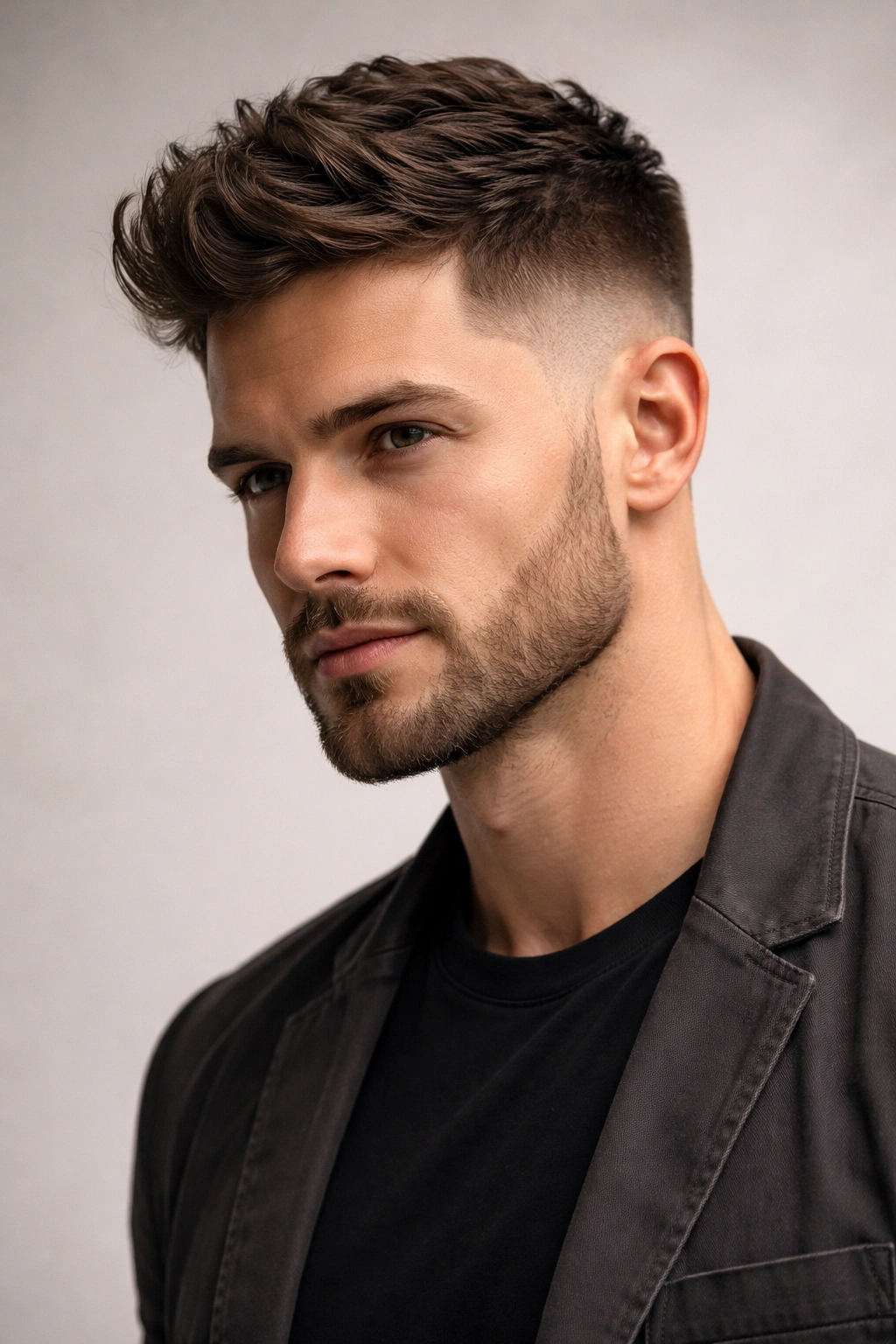 Portrait of a man with low fade, wavy top, short beard, studio lighting