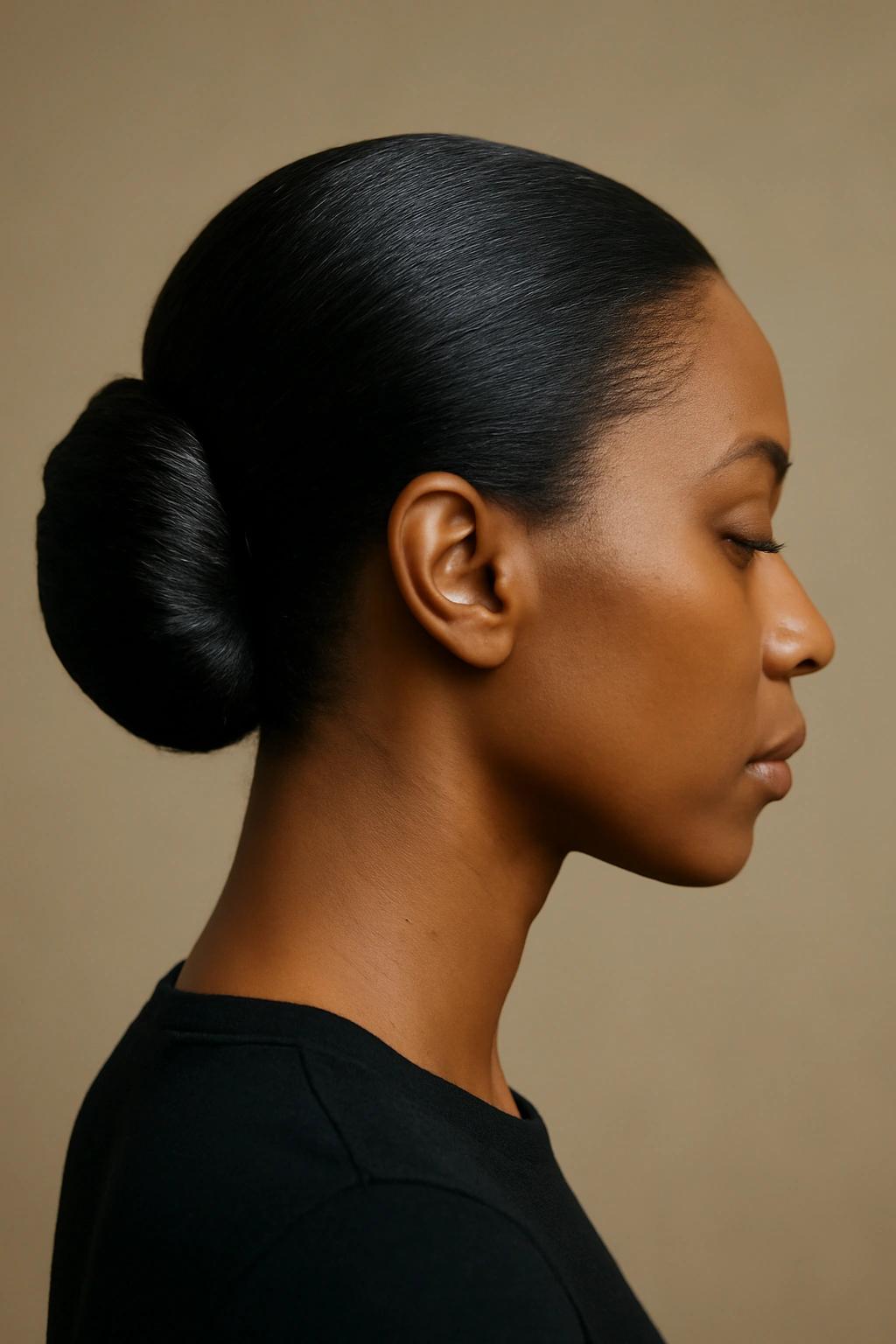 12 Elegant French Roll Updos Every Black Woman Needs 8 Low nape French roll with a sleek finish and subtle texture, side view