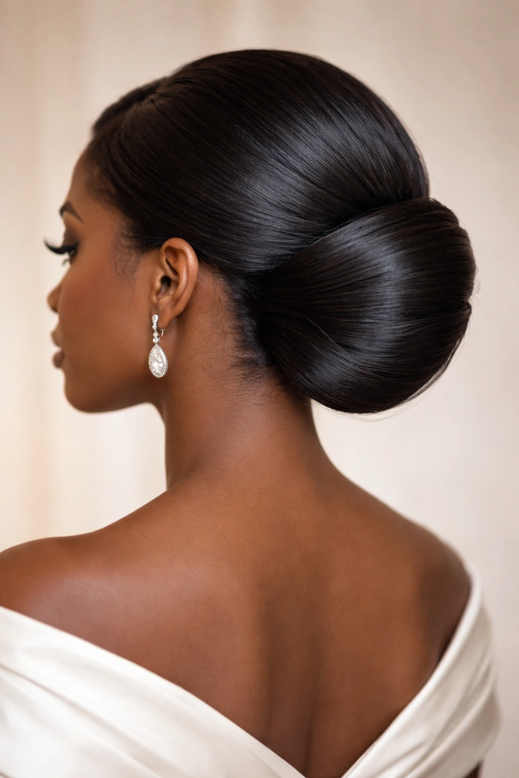 Close-up of a classic low French roll at the nape of the neck showcasing a smooth cylindrical roll