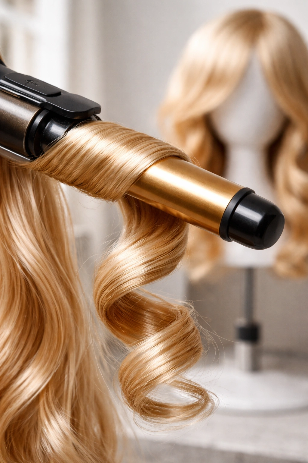 Hair wrapped around a curling iron demonstrating low-heat curling on synthetic wig