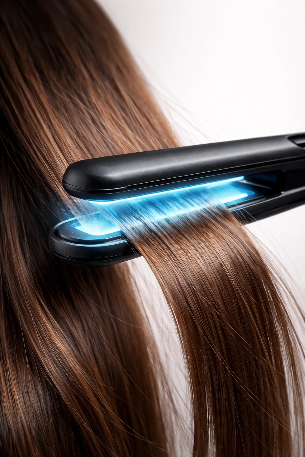 Hair styling tool near hair with cool glow to indicate lower heat