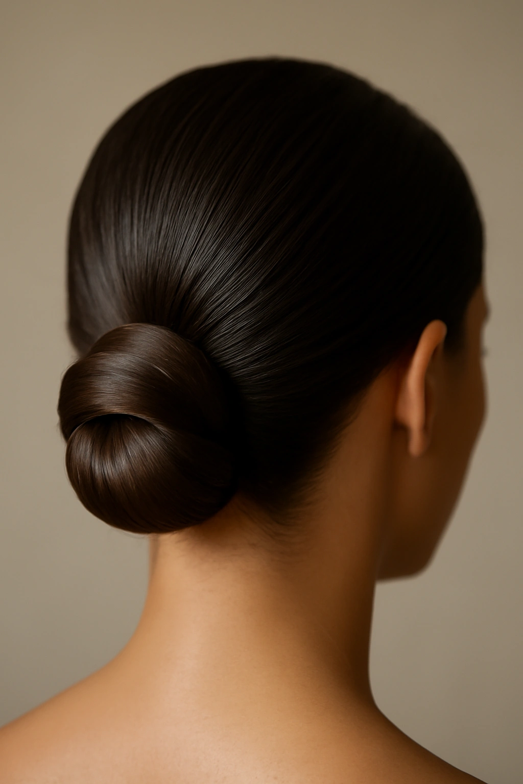 8 Sleek Updos for Black Tie and Formal Events 7 Close-up of a sleek low knot updo at the nape of the neck with sharp, clean lines.