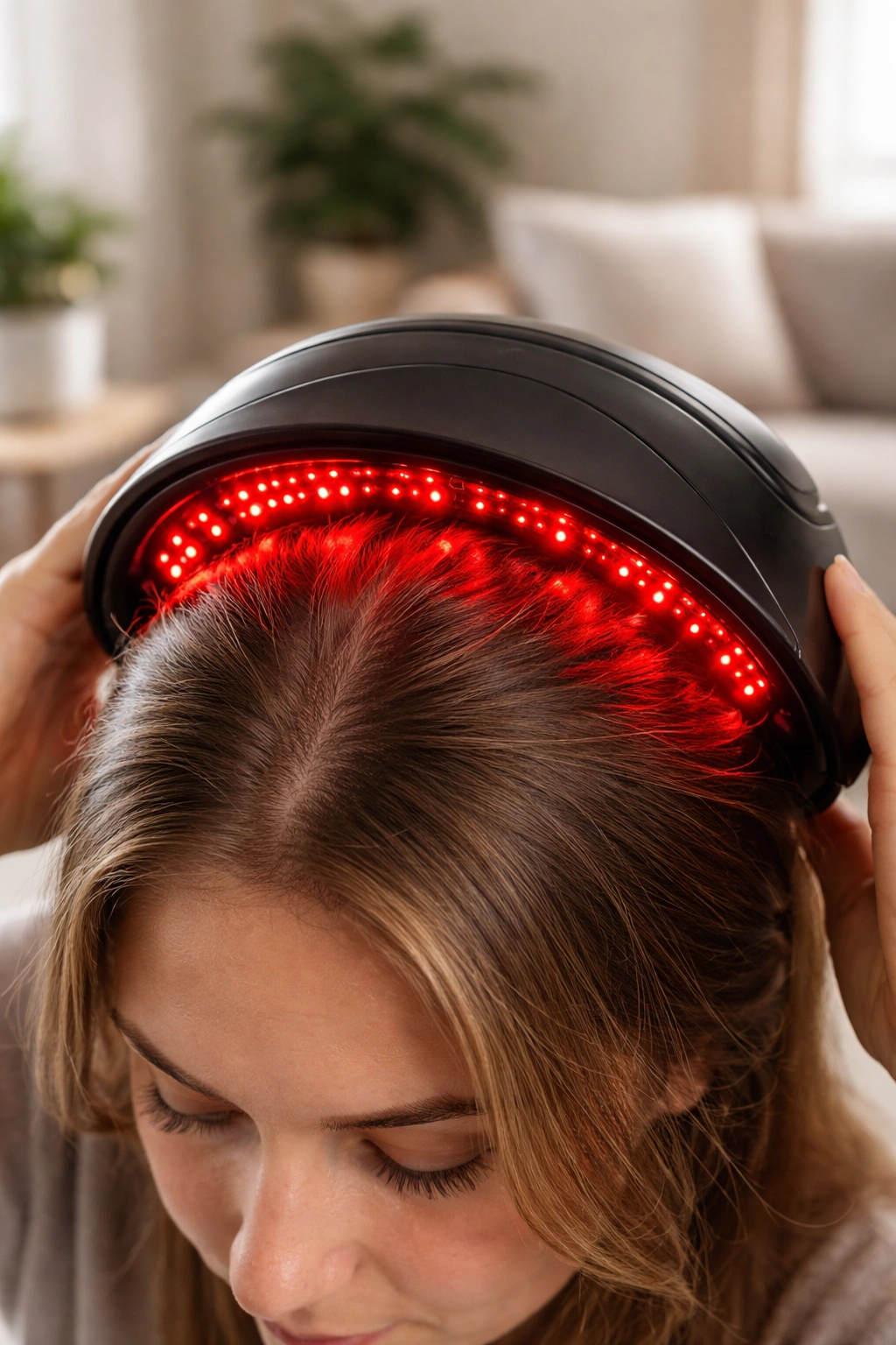 Person wearing red-light laser cap on scalp