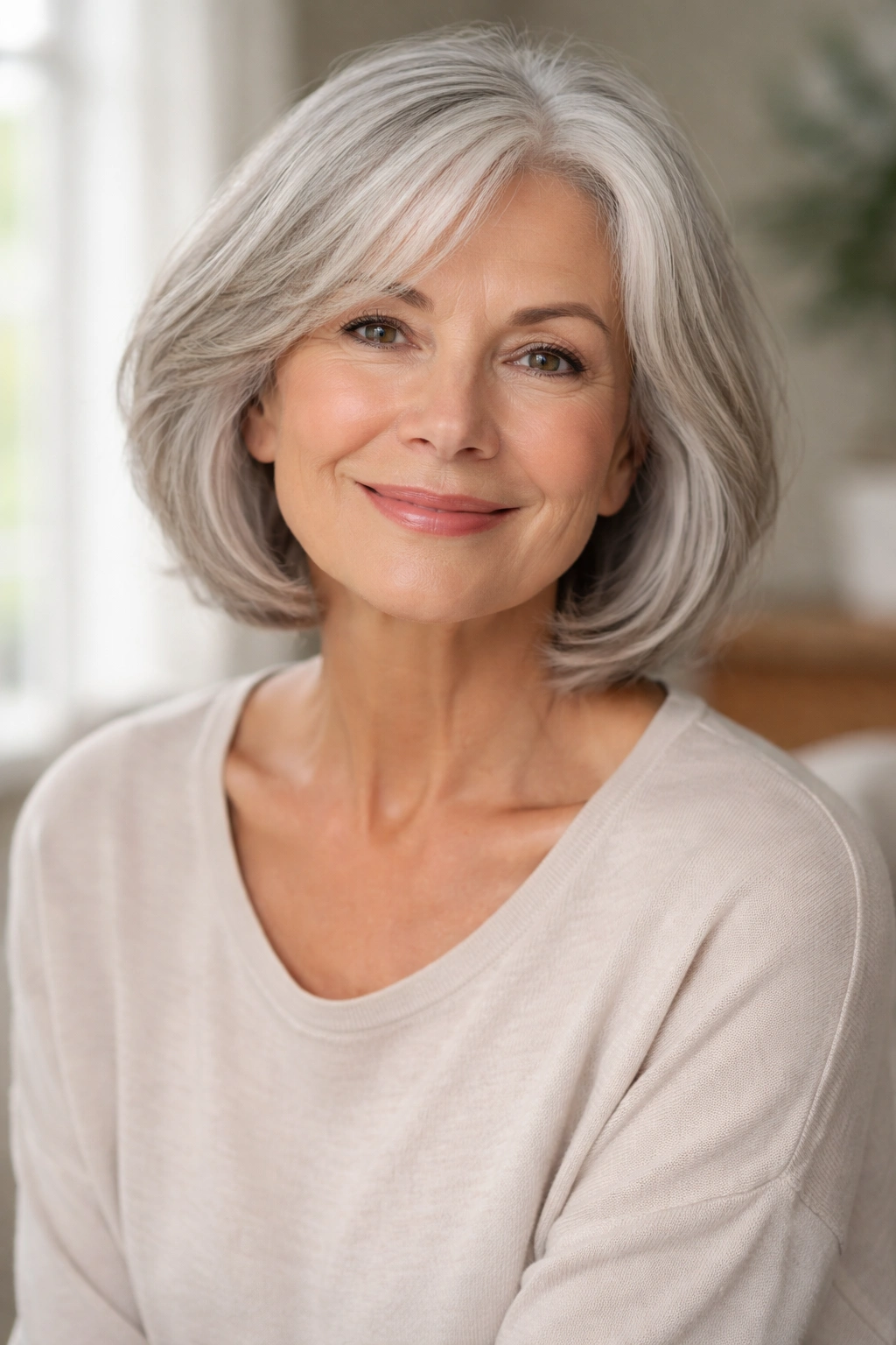 Mature woman with simple wash-and-wear hairstyle illustrating low-maintenance styling