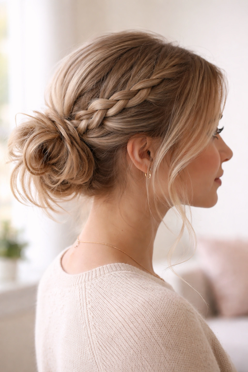Low messy bun with a side braid joining at the nape.