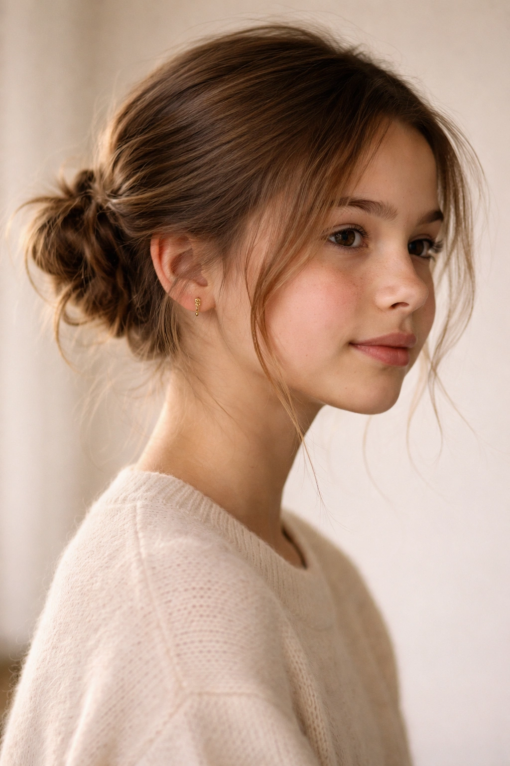 Close-up of a young girl's low messy bun with wispy strands framing the face