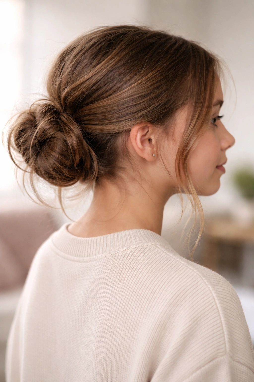 Low messy bun at the nape with loose face-framing strands