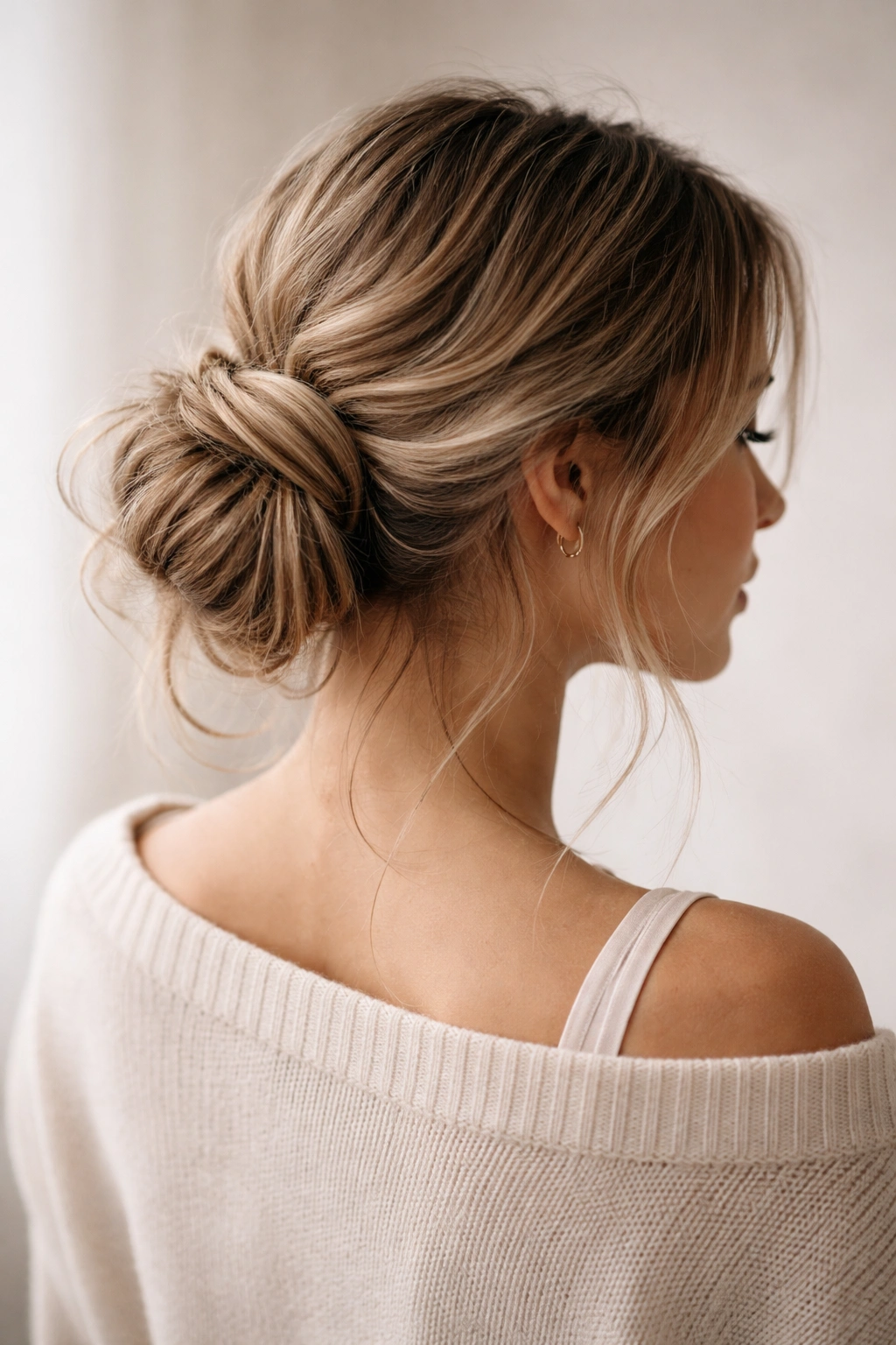 Back view of a low messy bun with face-framing strands