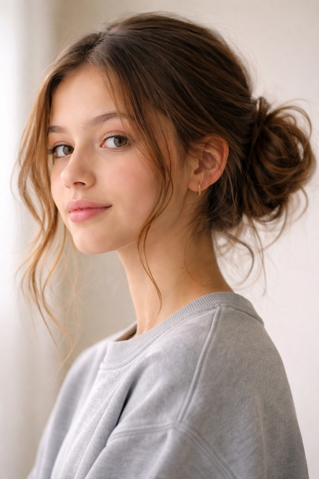 Teen with a low messy bun and soft face-framing strands