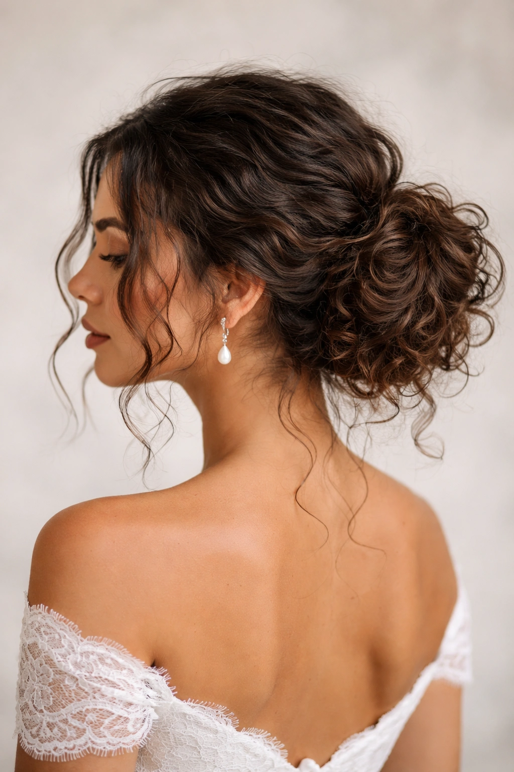 Low messy bun on thick or curly hair with loose face-framing strands.